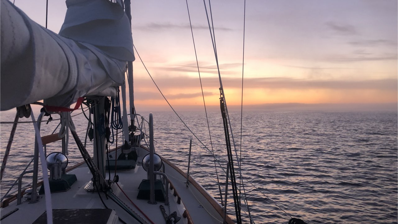 Ana Maria sailing in the foggy Pacific Northwest